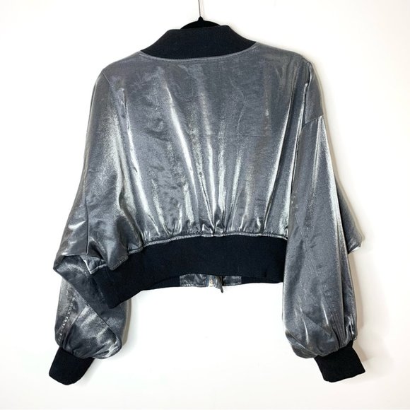 Women's Cropped Shiny Metallic Zip Front Bomber Jacket Navy Blue One Size - Picture 7 of 7